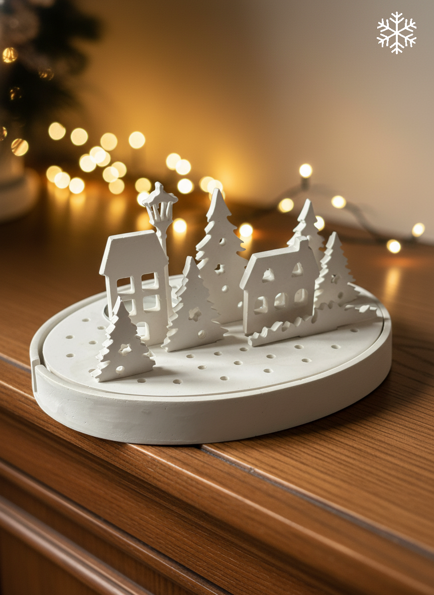 Winter Village Lantern – gypsum candle holder & night light