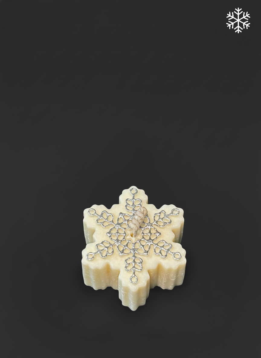 “Snowflake” Candle — pressed mold, hand-painted