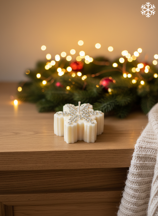 “Snowflake” Candle — pressed mold, hand-painted